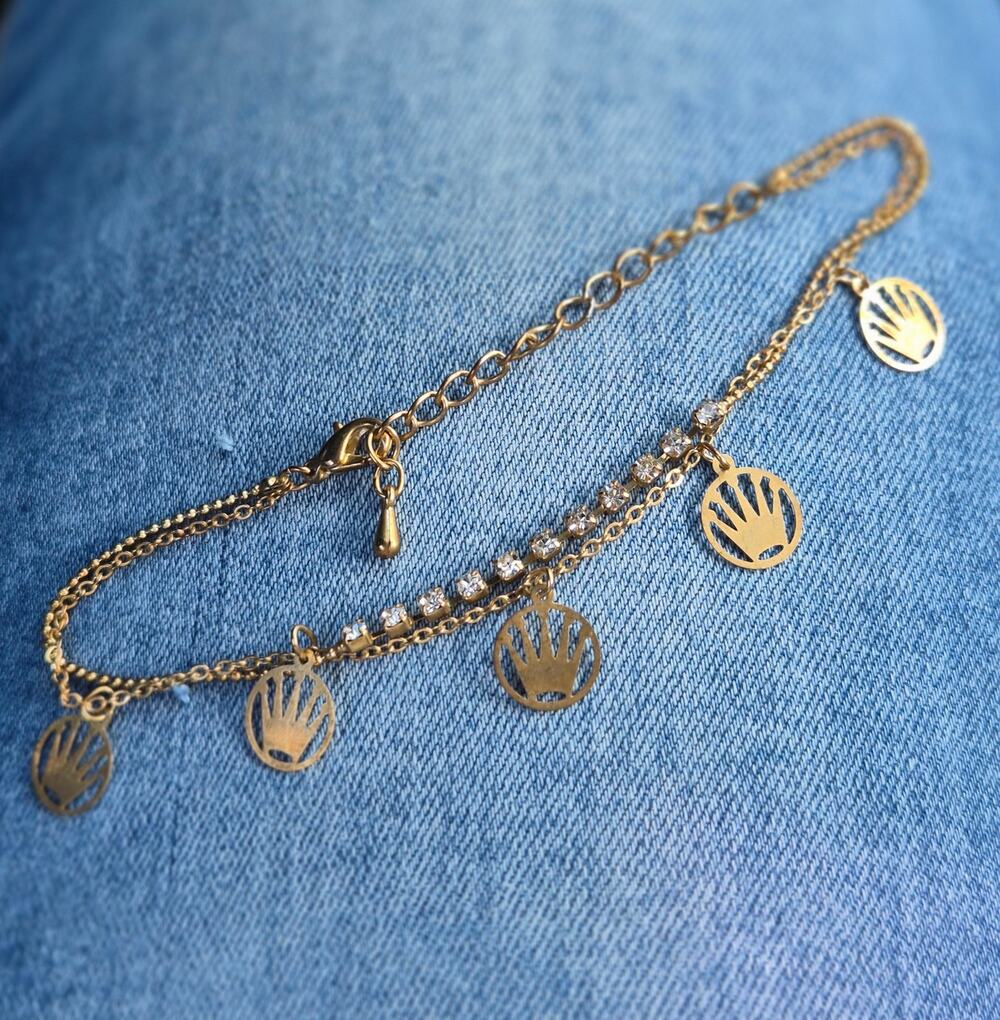 Gold Charm Layered Rhinestone Bracelet Five Point Crown Charms Rolex Style